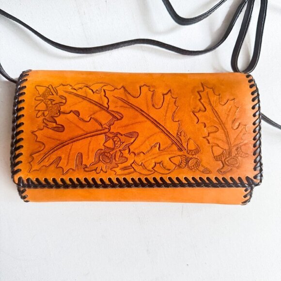 Unbranded Handbags - Vintage Leather Hand Tooled Leaf Acorn Print Wallet on A strap Crossbody